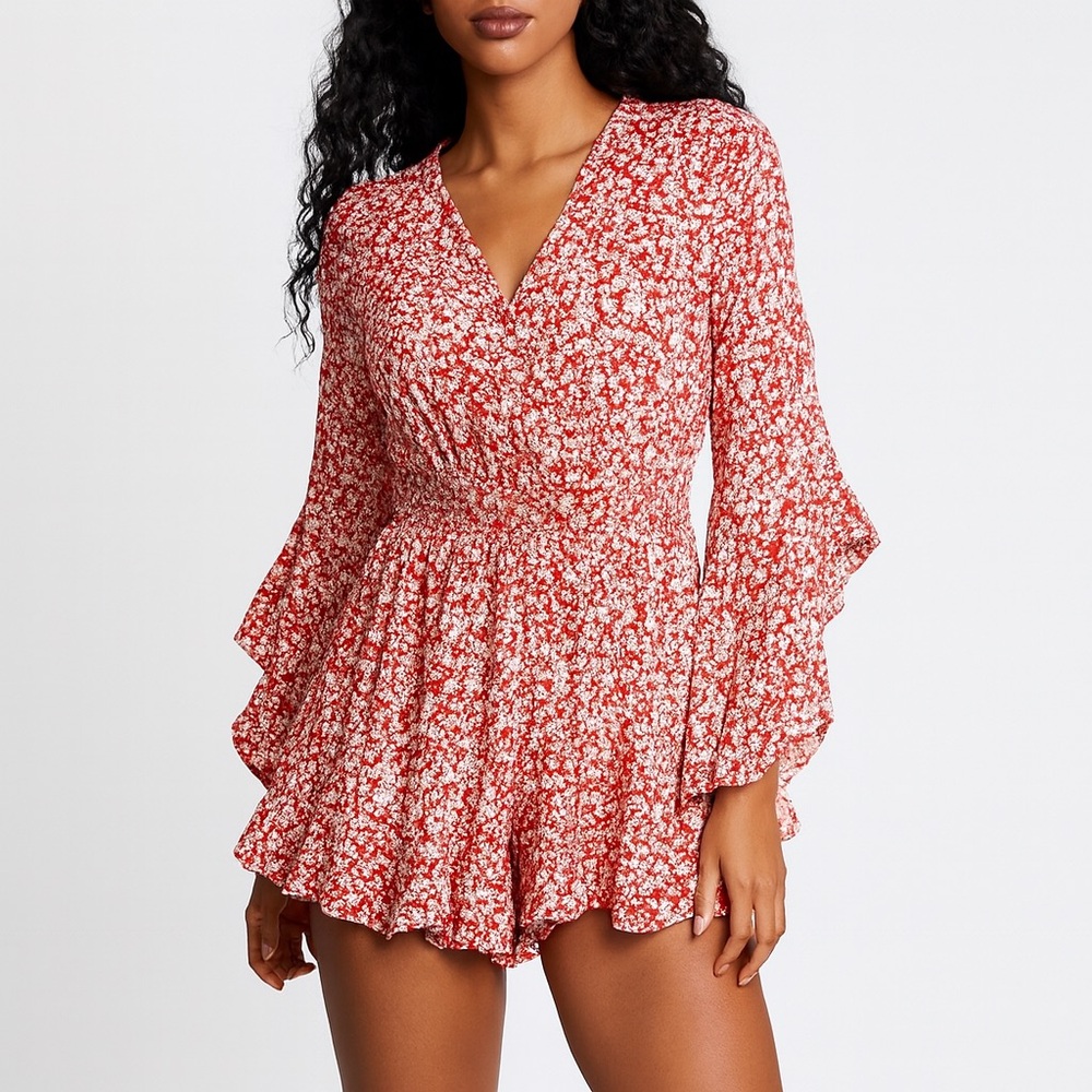 Pink Lily Red Floral Long Sleeve Ruffle Hem Romper Size L